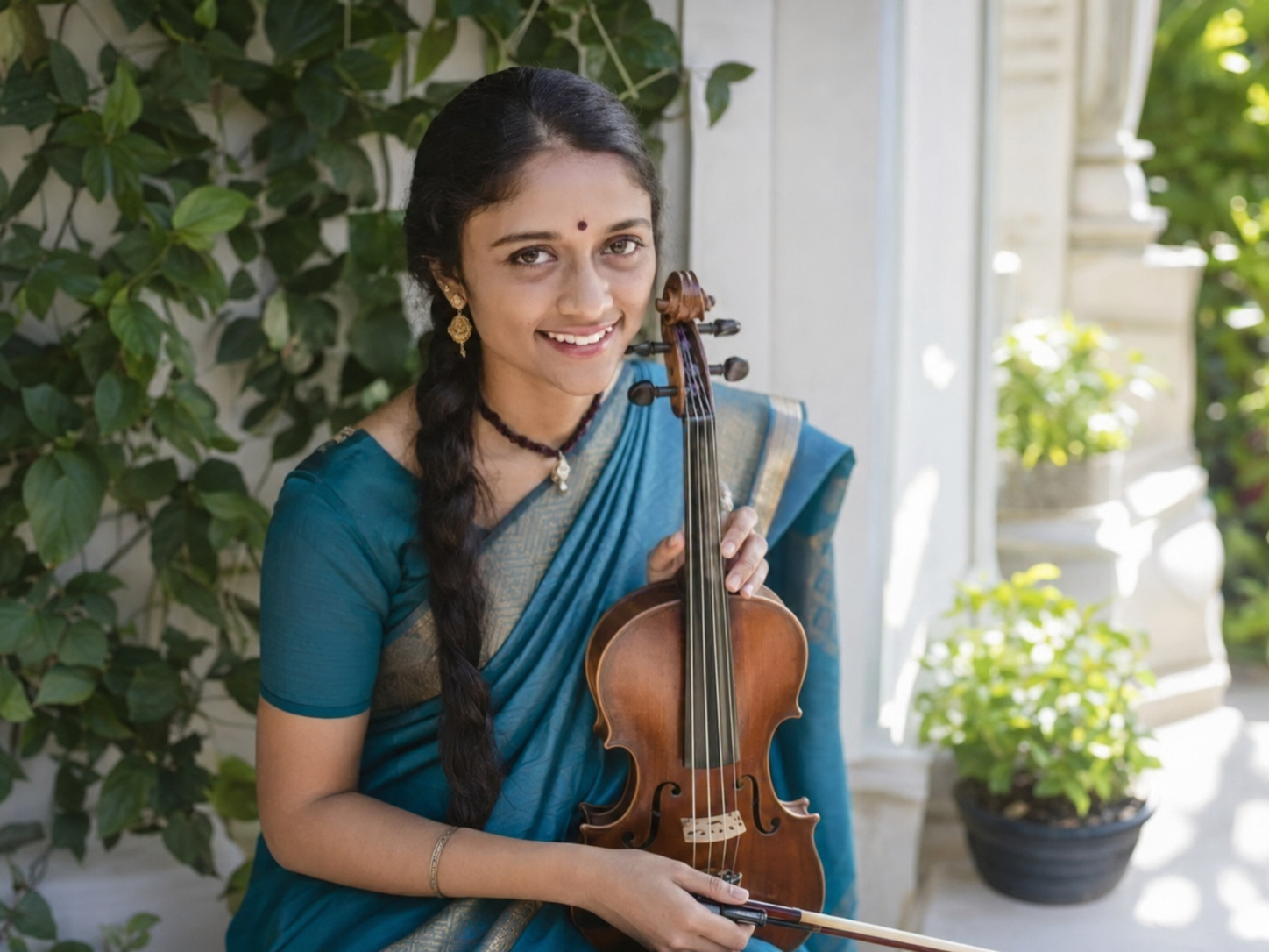 Carnatic violinist Sruti Sarathy holding her violin